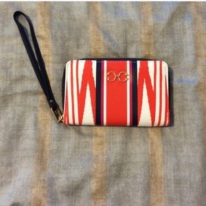 C Wonder orange blue and white monogram striped wallet